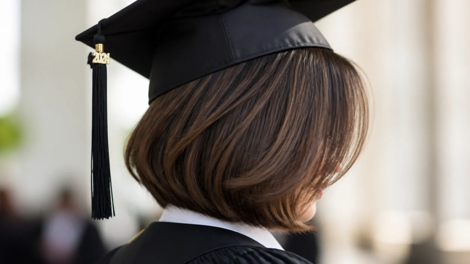 A bob with curtain bangs parted and swept either side of the face