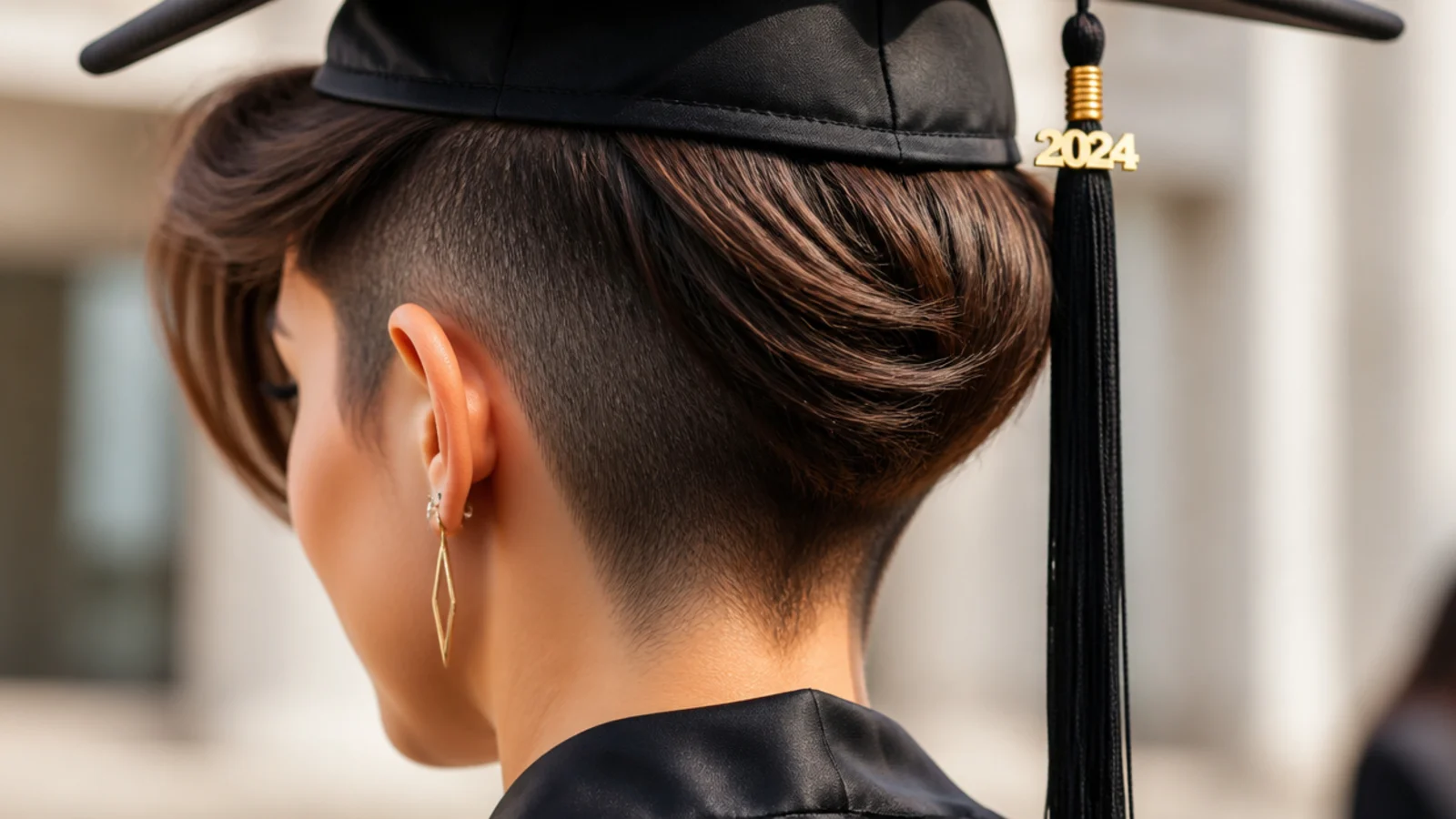 A pixie with one side shaved short beneath longer top length