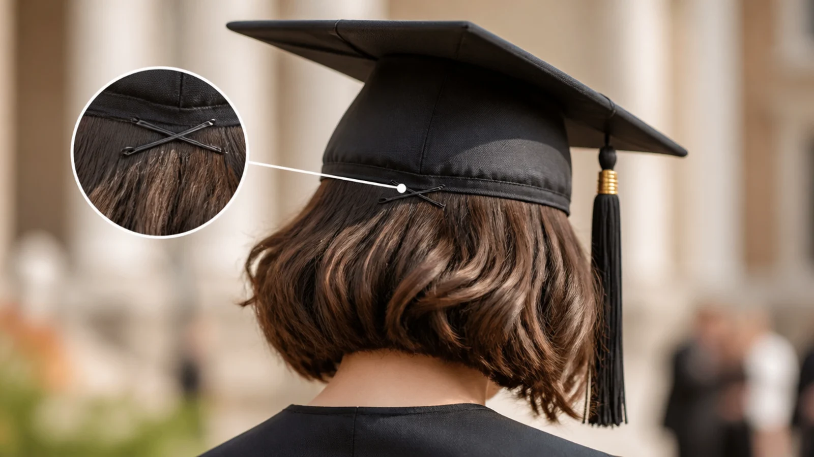Crossed bobby pins pushed through a cap band into backcombed hair