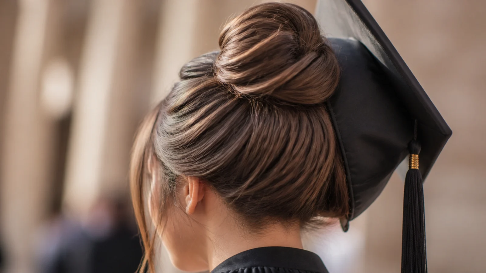 A high topknot with a cap sitting tilted back off the head