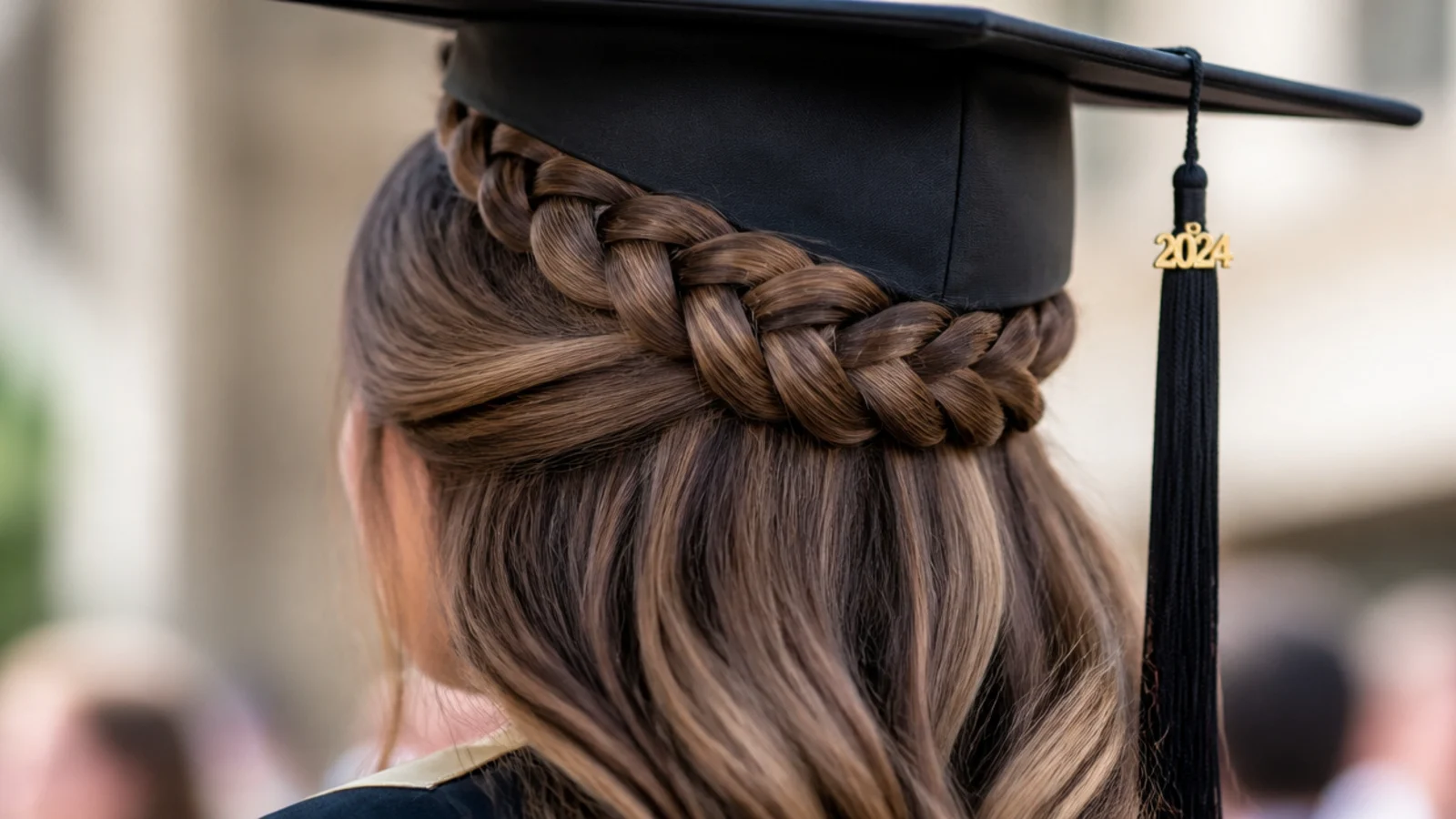 A raised crown braid flattened where the cap band pressed across it