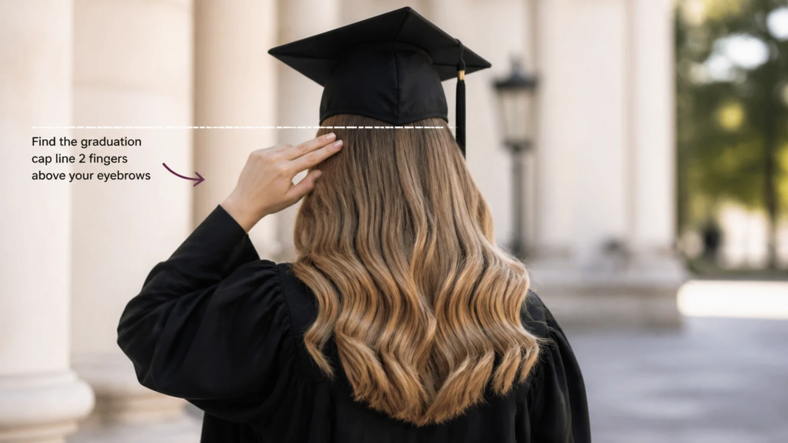 A finger tracing the widest circumference of the head where the cap band sits