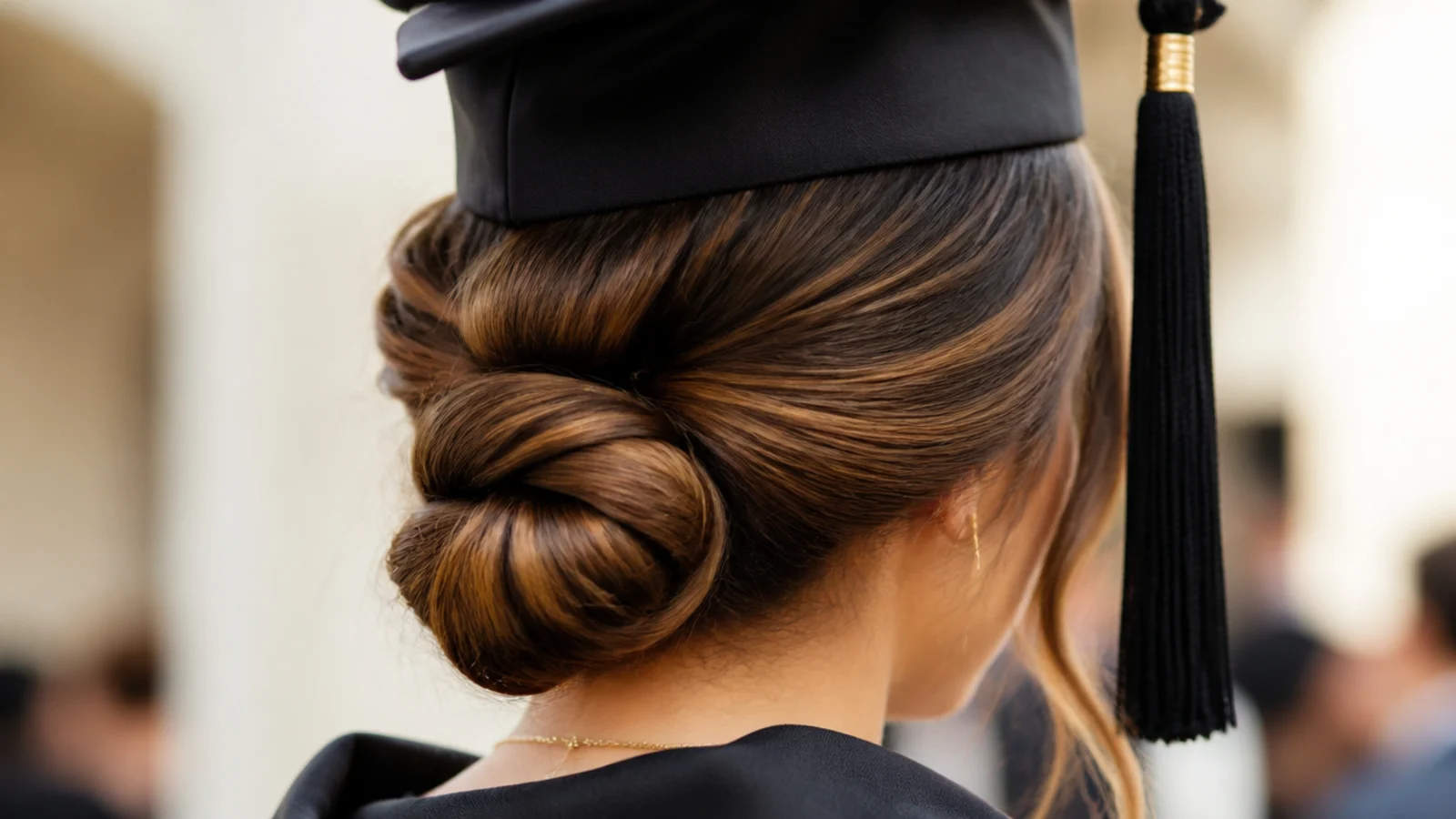 A smooth coiled chignon pinned at the nape under a black gown collar