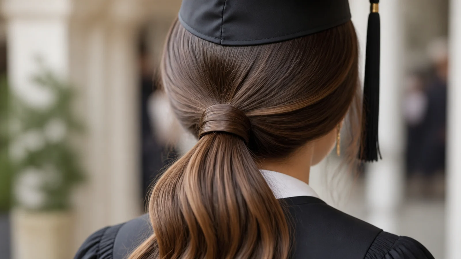 A sleek low ponytail sitting at the base of the skull