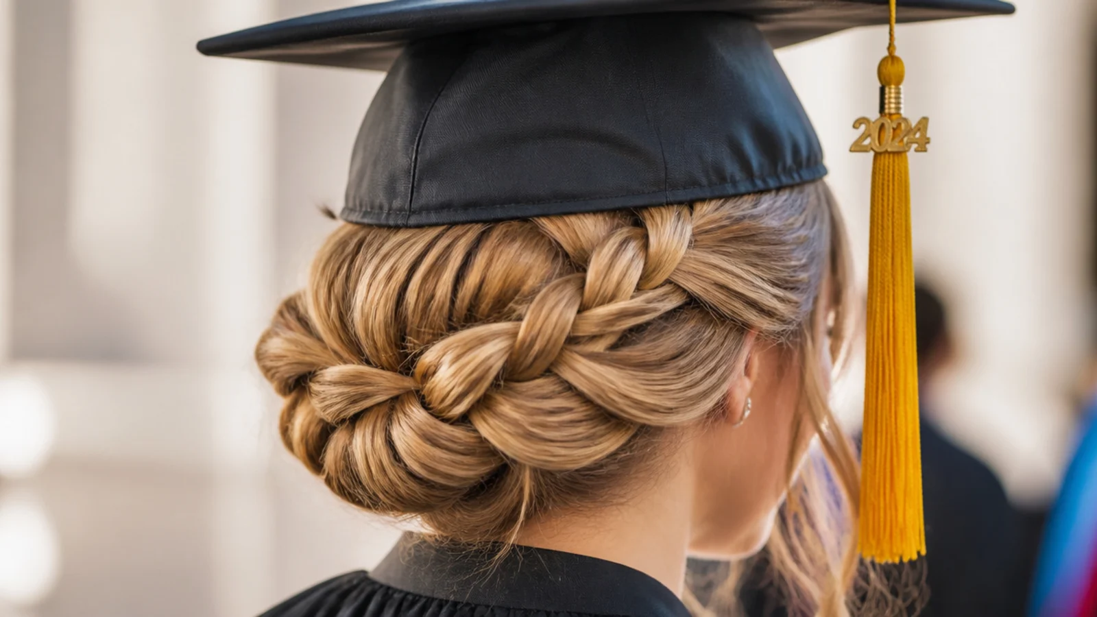 A braid wrapped around the head at ear level under a mortarboard