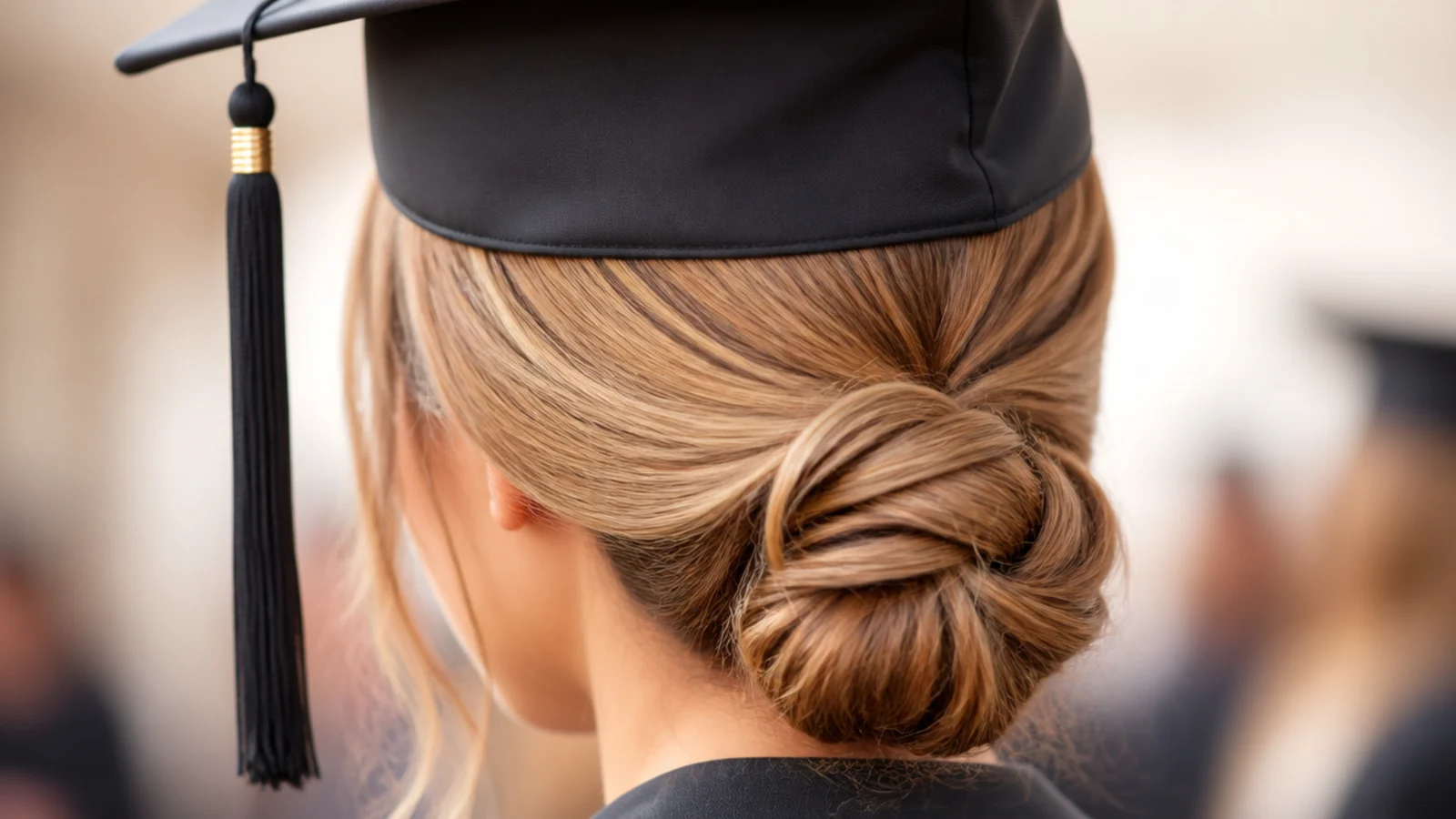 A small twisted bun pinned low on fine light brown hair