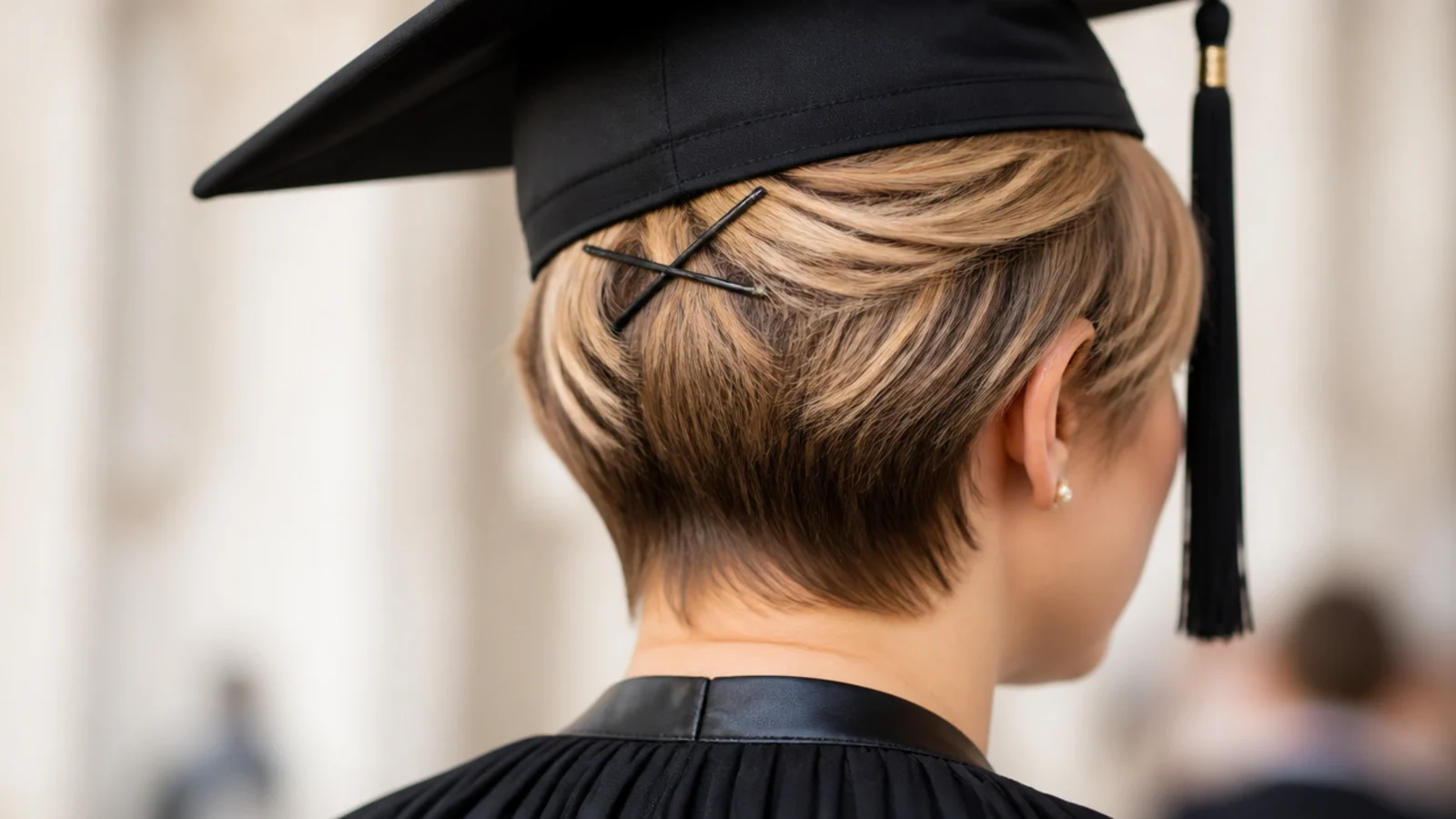 A short pixie cut with the mortarboard pinned in place at the sides