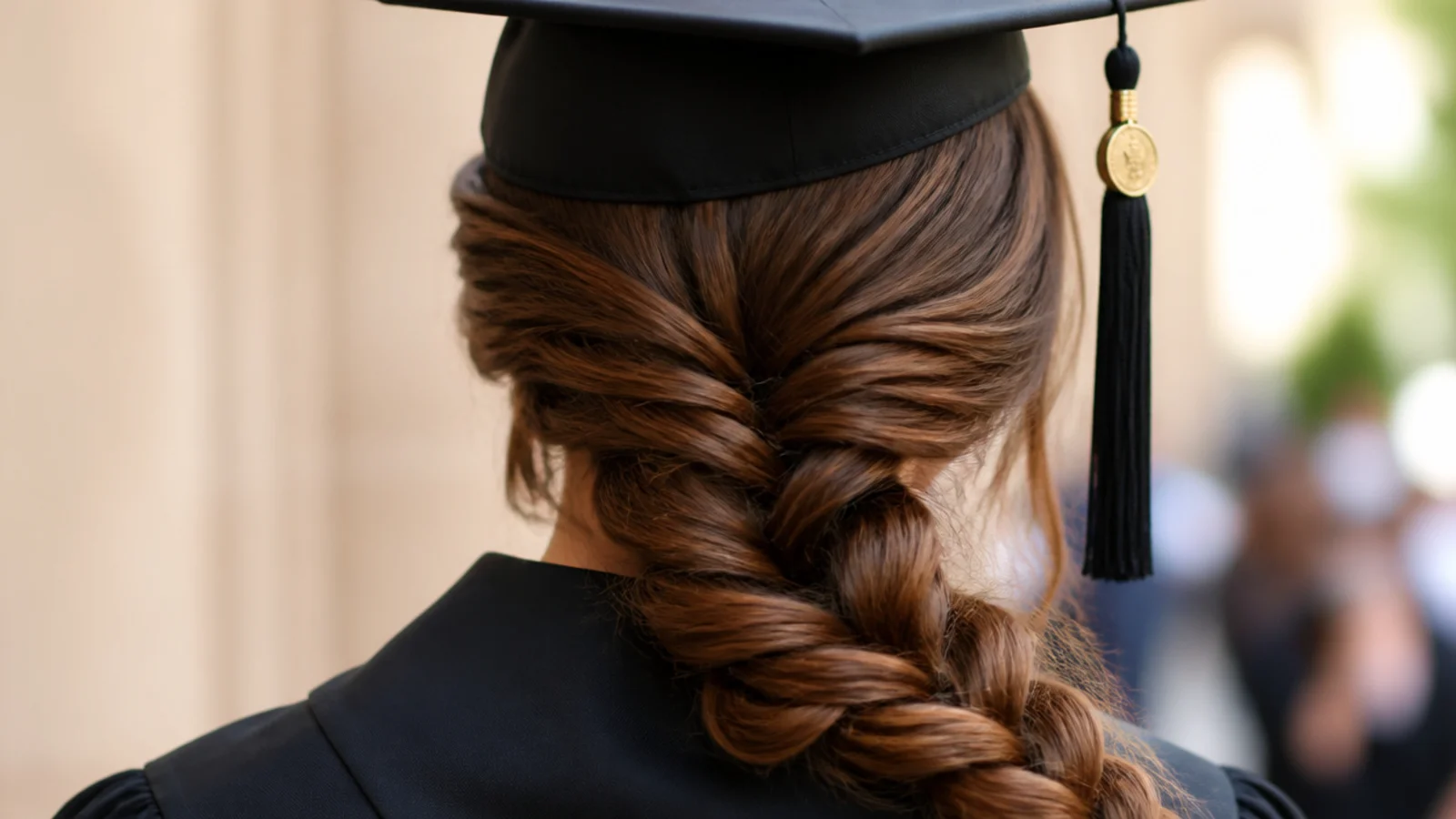 A fishtail braid starting low at the nape and hanging down the back