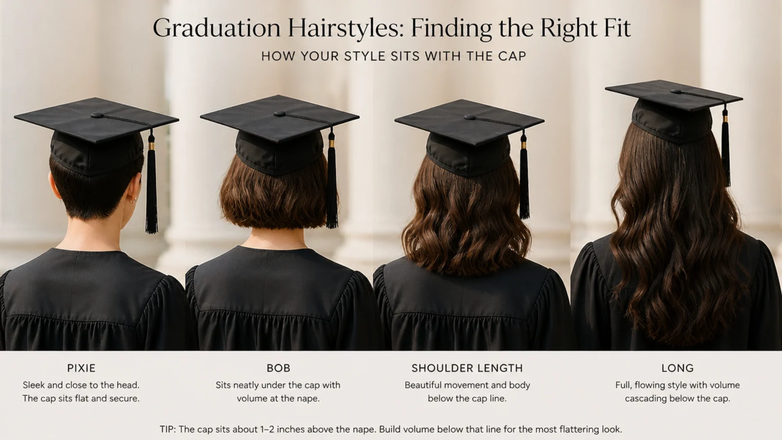 Three graduates with short, mid length and long hair under matching caps