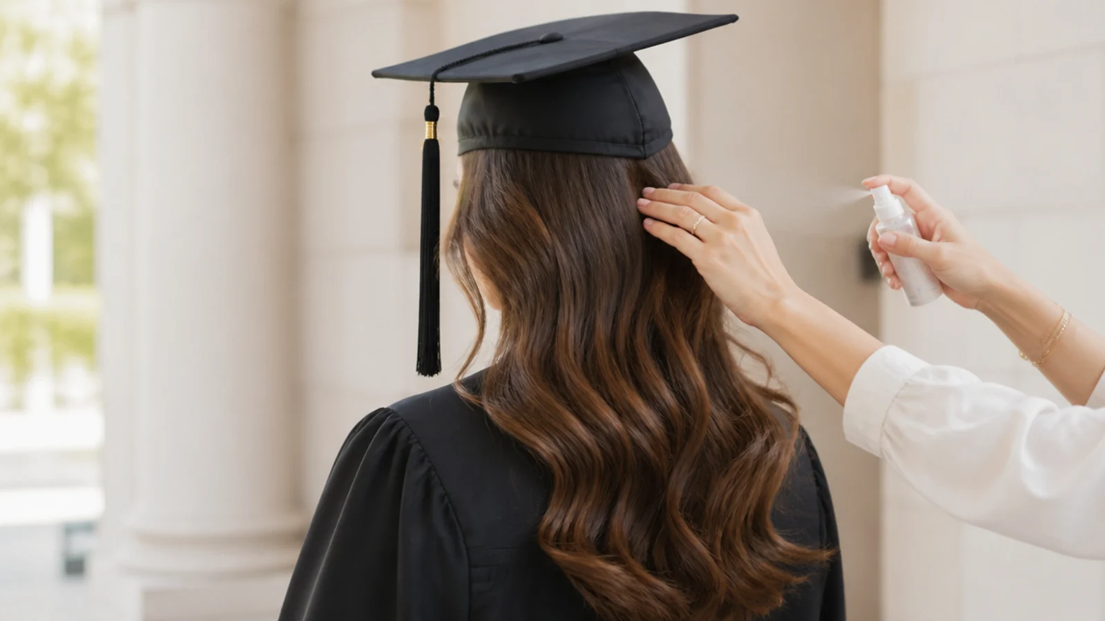 A graduate lifting the roots at her crown after removing her cap