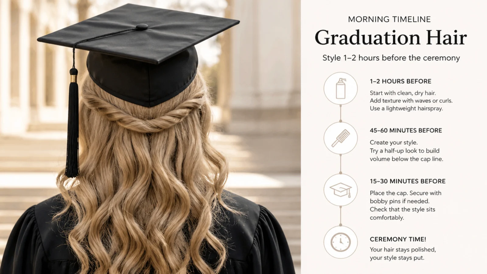 A hand pinning hair in front of a mirror with a mortarboard waiting on the counter