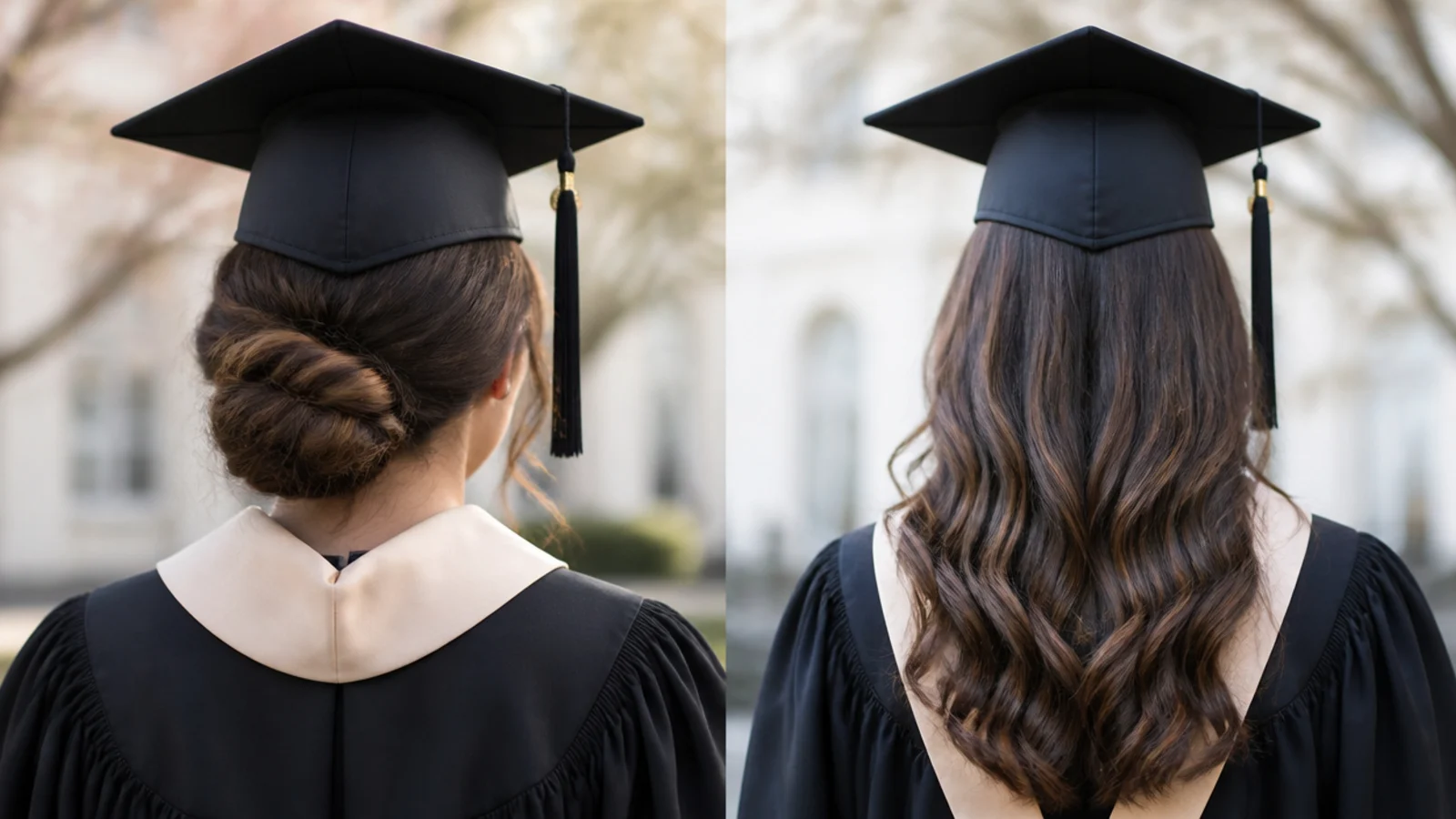 Two graduates side by side, one with hair pinned up and one wearing it loose