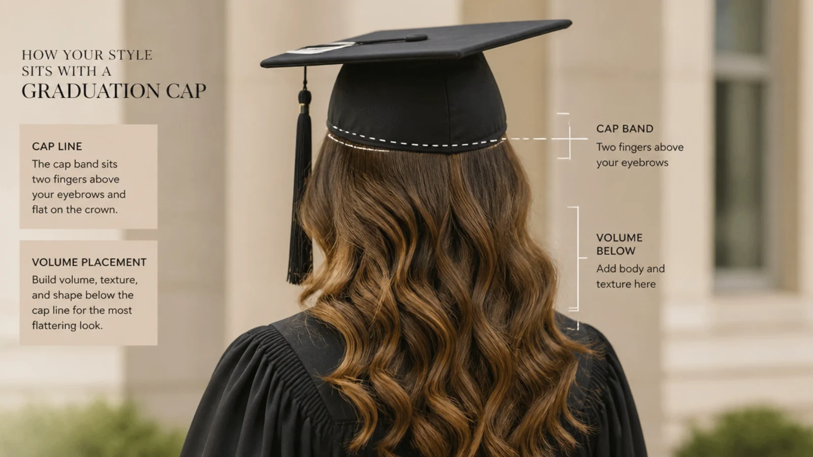 Side view showing the mortarboard band resting above the brow and at the base of the skull