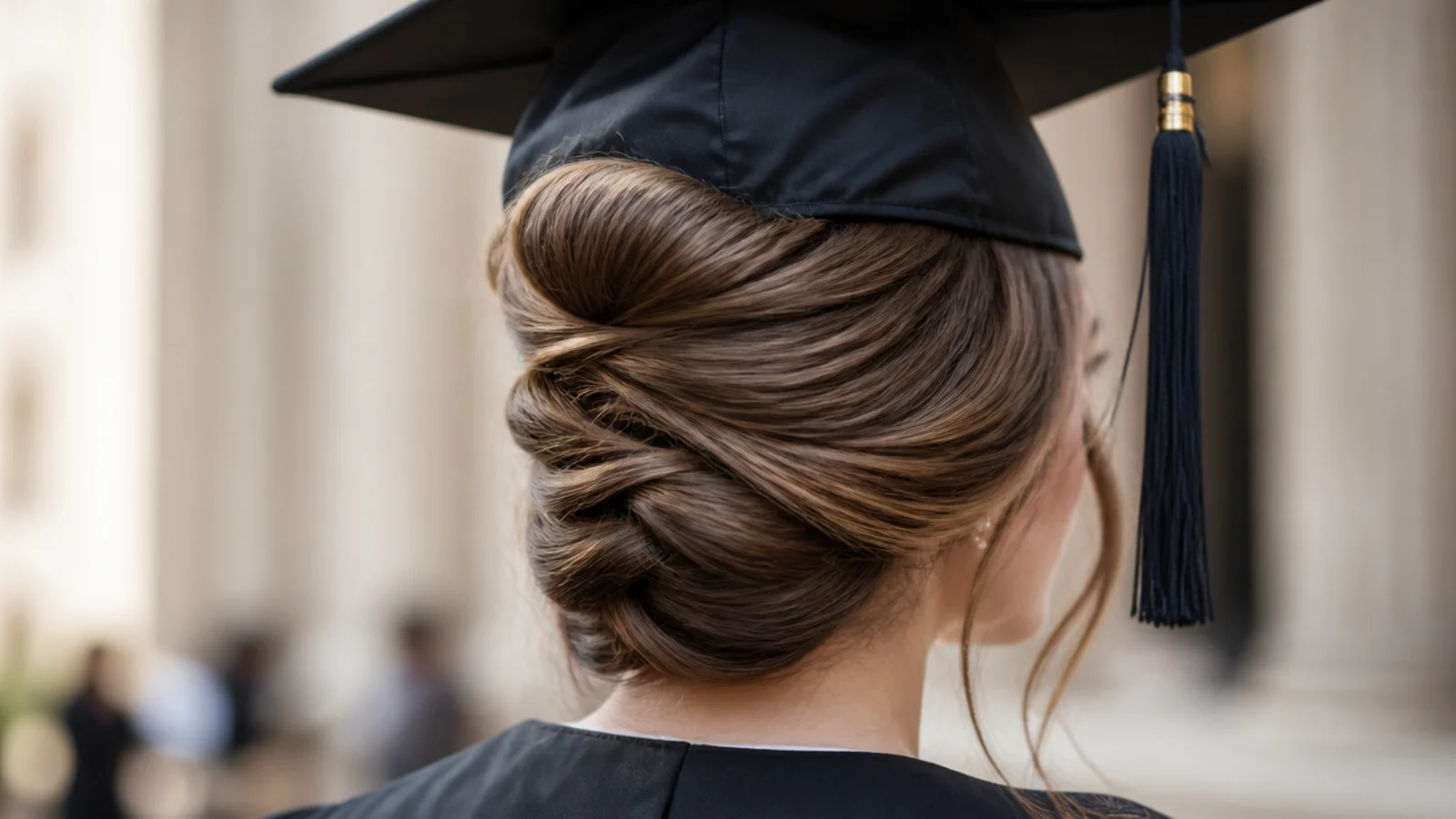 Hair rolled vertically against the back of the head and pinned along a seam