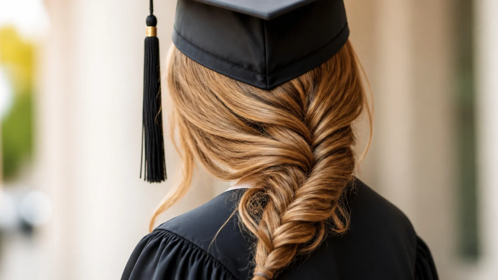 A fishtail braid worn forward over one shoulder