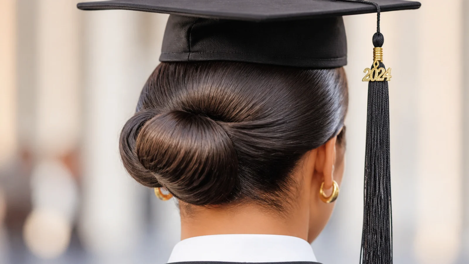 Hair gelled smooth to the scalp and finished in a small low bun
