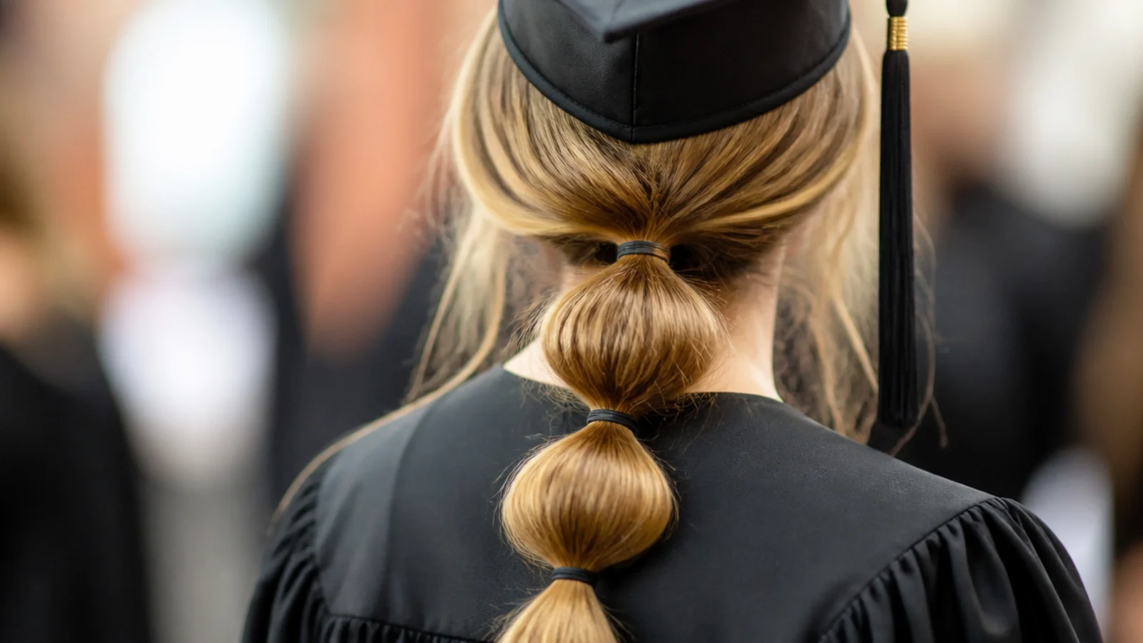 A ponytail divided into evenly spaced puffed sections by small elastics