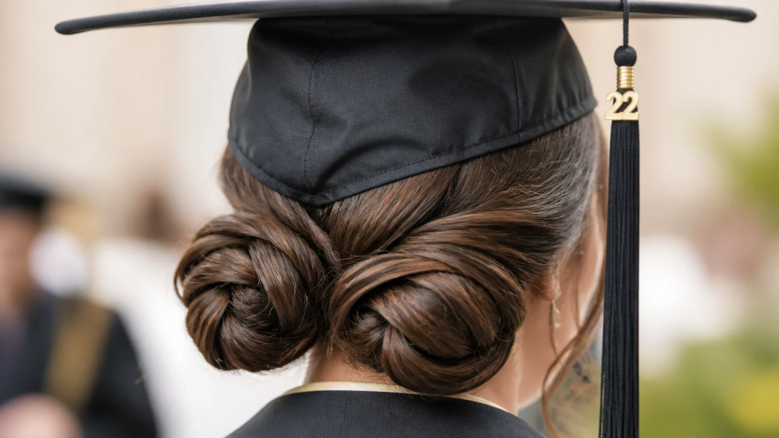 Two small buns sitting side by side low at the back of the head