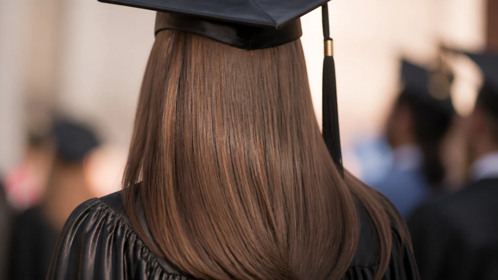 Straight glossy hair worn loose with a centre part