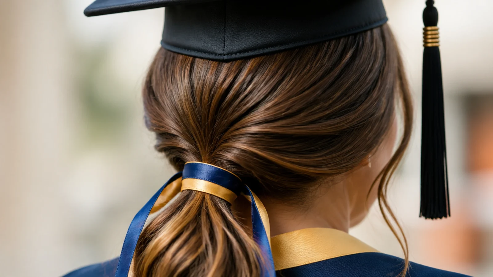 A low ponytail finished with a ribbon tied in a bow