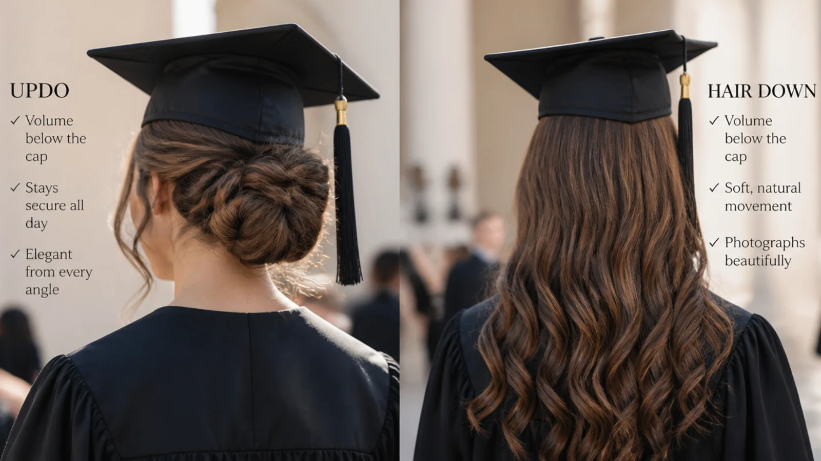 Two graduation portraits side by side, one with hair pinned up and one worn loose