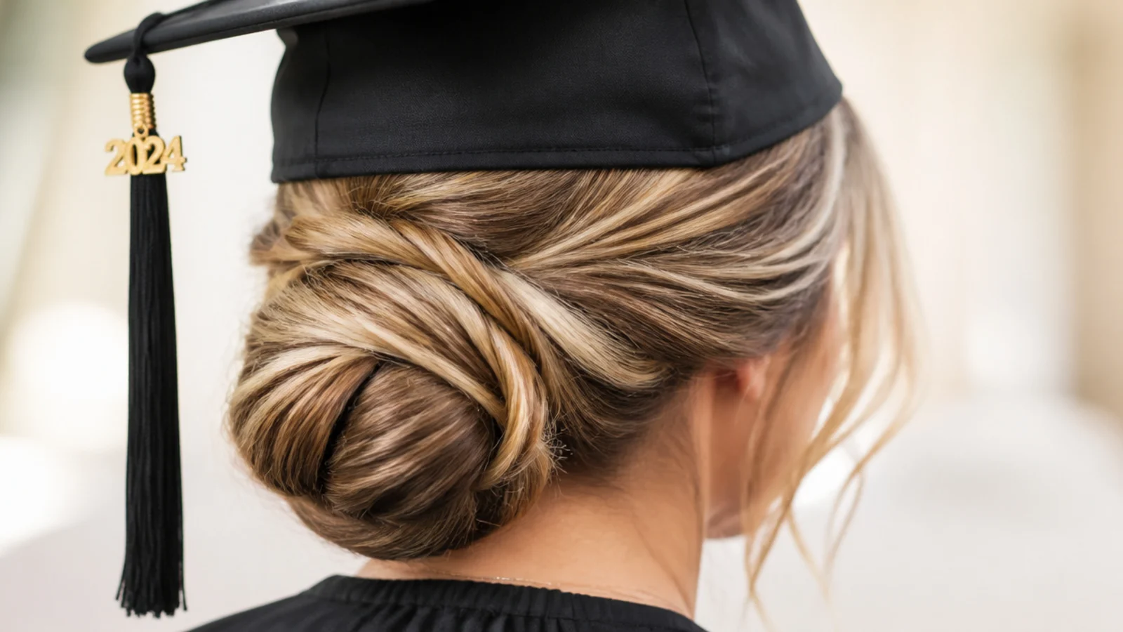 A smooth coiled chignon pinned low at the nape