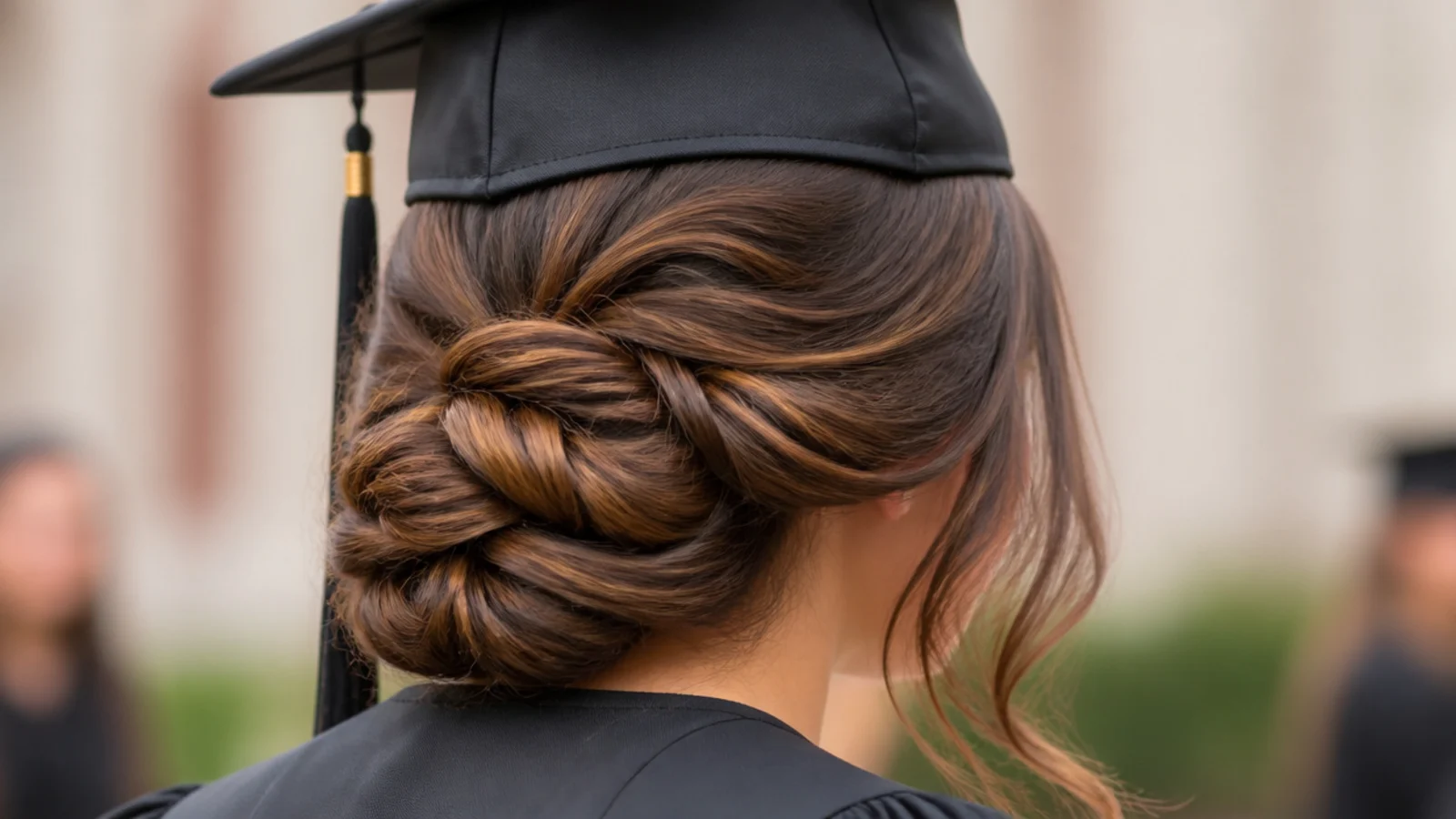 A rope twist coiled and pinned at the back of the head