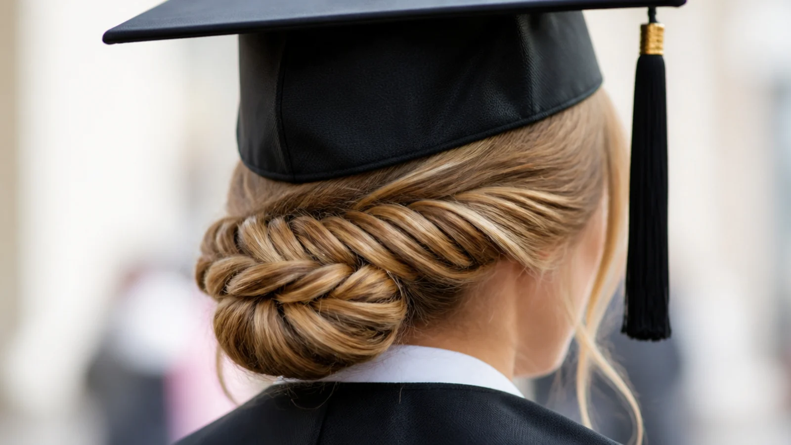 A fishtail braid coiled into a flat low bun