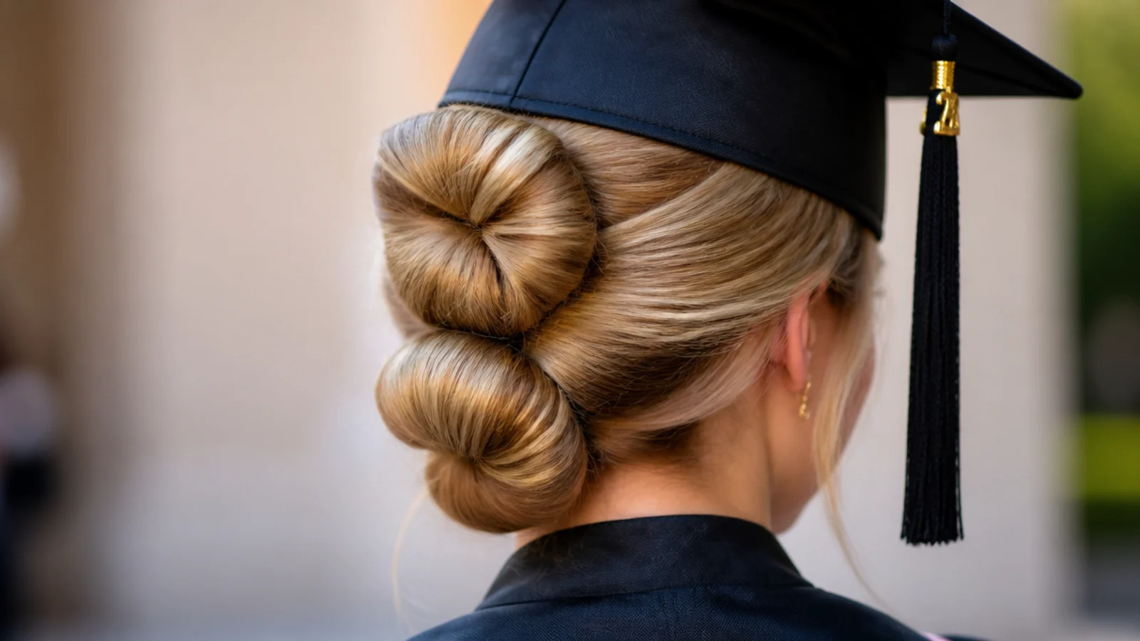 Two small knotted buns sitting side by side low at the nape