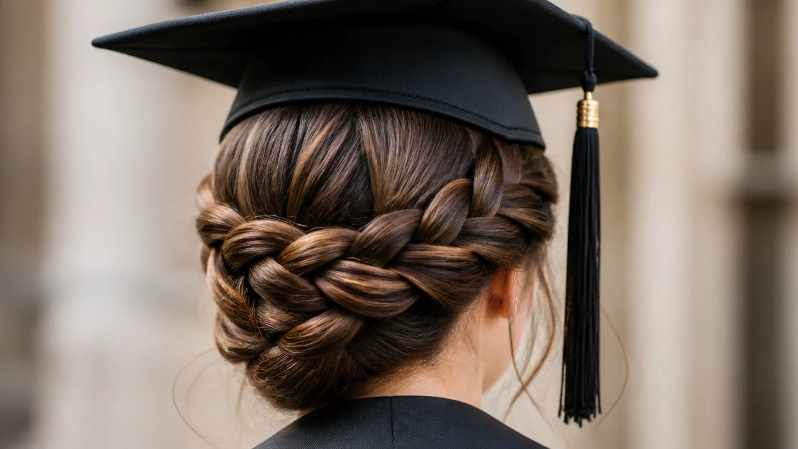 A halo braid pinned flat around the top of the head