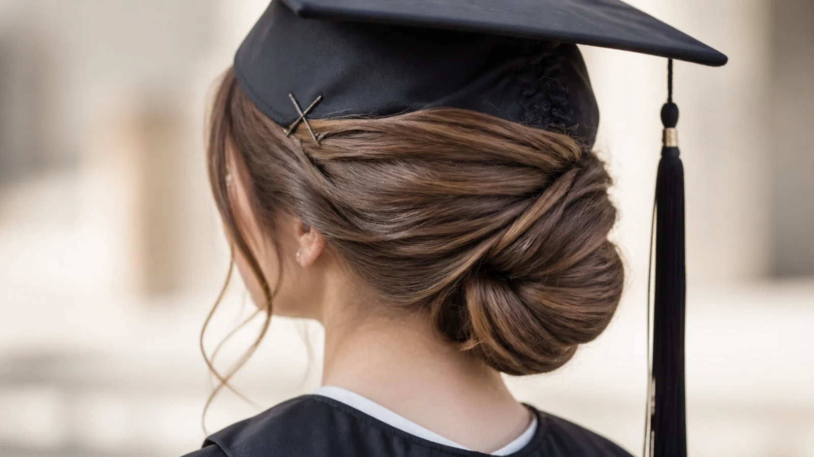 A low bun built around anchor pins set into the hair at the nape