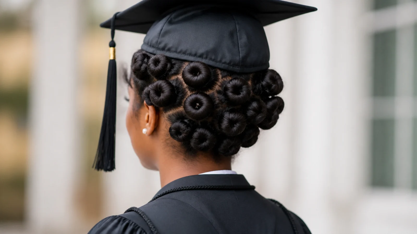 A ring of small bantu knots set around the head at ear level