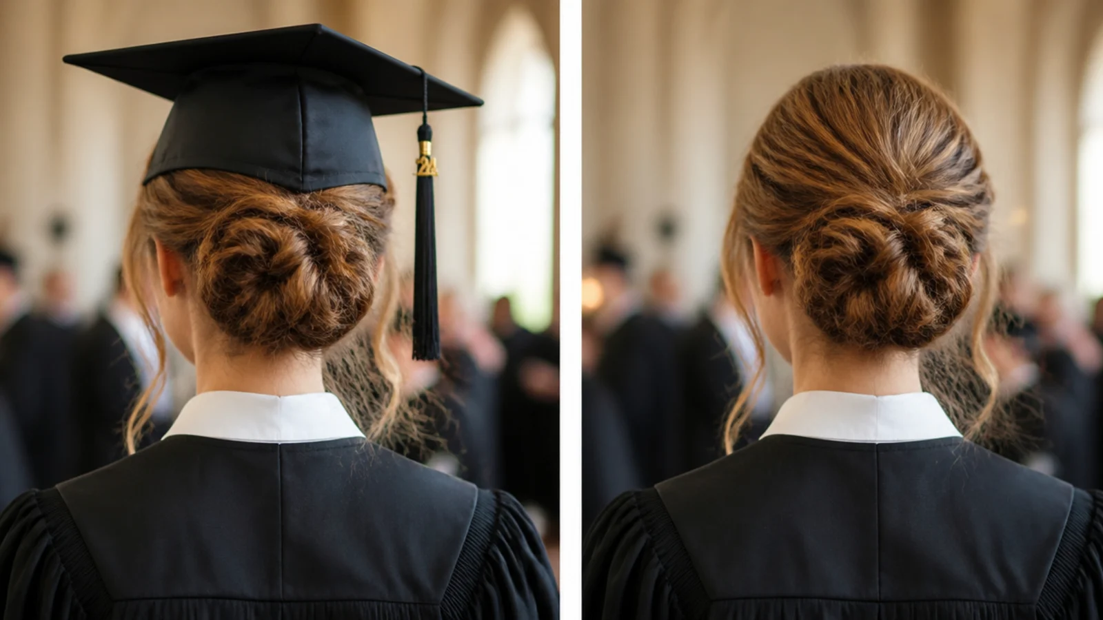 A graduate removing her mortarboard with the updo still intact underneath
