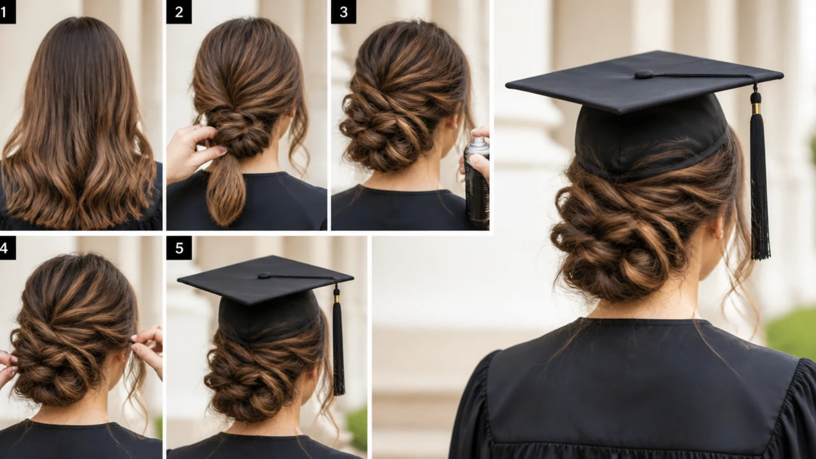 Hands pinning a low updo in front of a mirror with a cap and gown nearby
