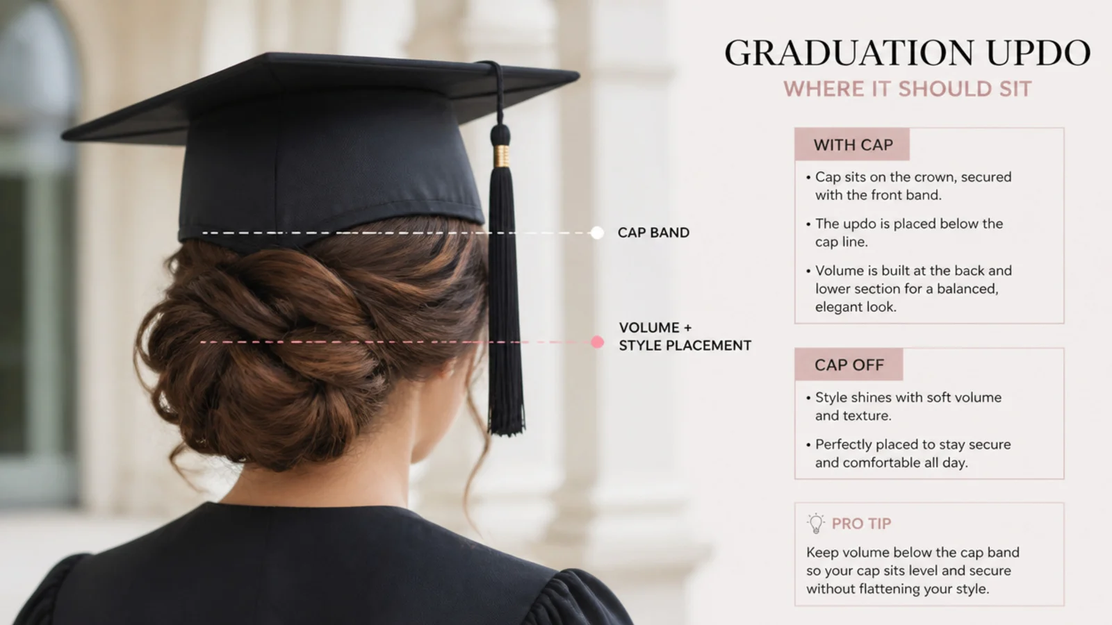 Side profile showing a low bun sitting below the back edge of a mortarboard