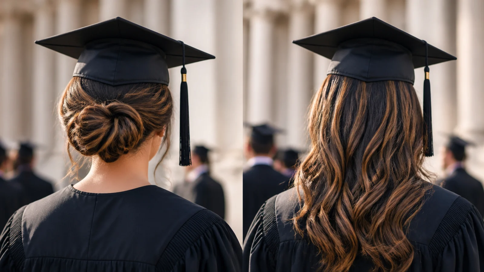 Two graduates photographed together, one with hair pinned up and one wearing it down