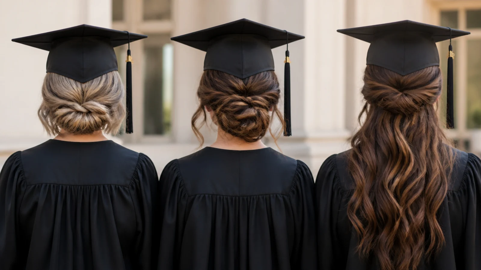 Three low updos shown on short, mid length and long hair