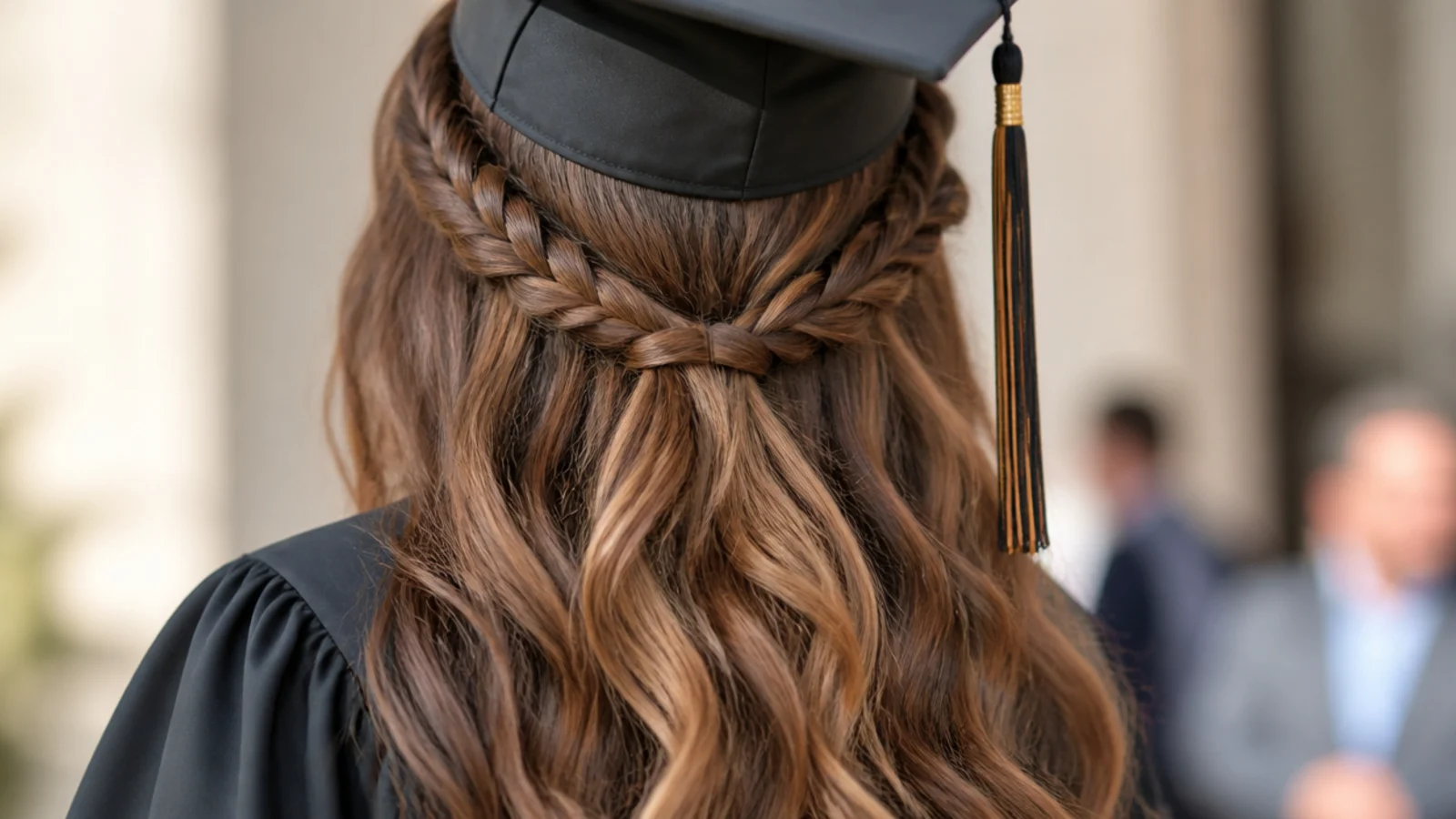 A Dutch braid running across the crown into a half up gather