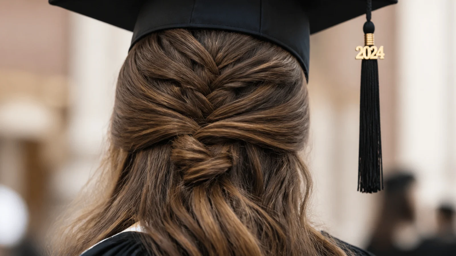 A French braid twisted back into a half up at the back of the head