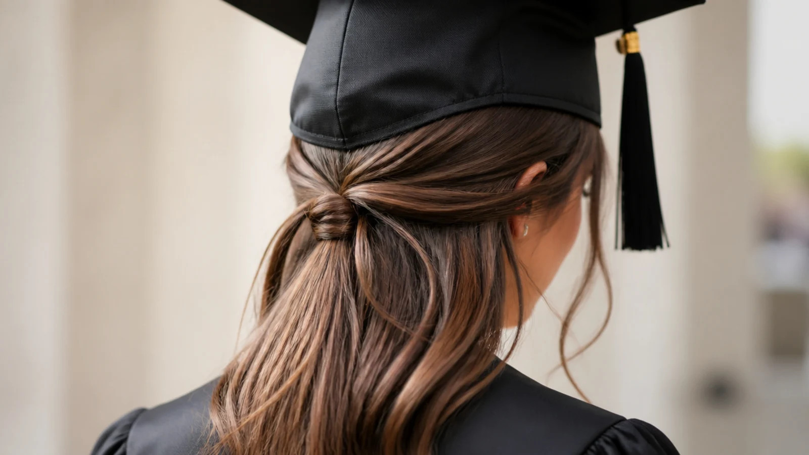 A half up ponytail tied low at the base of the skull