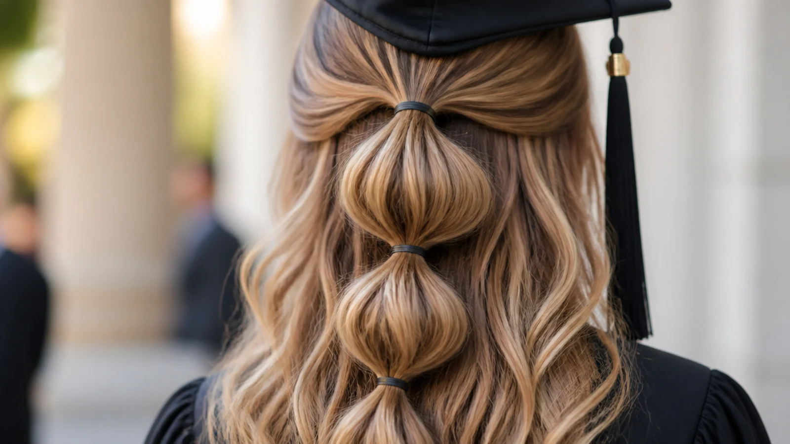 A half up ponytail divided into bubbles with clear elastics