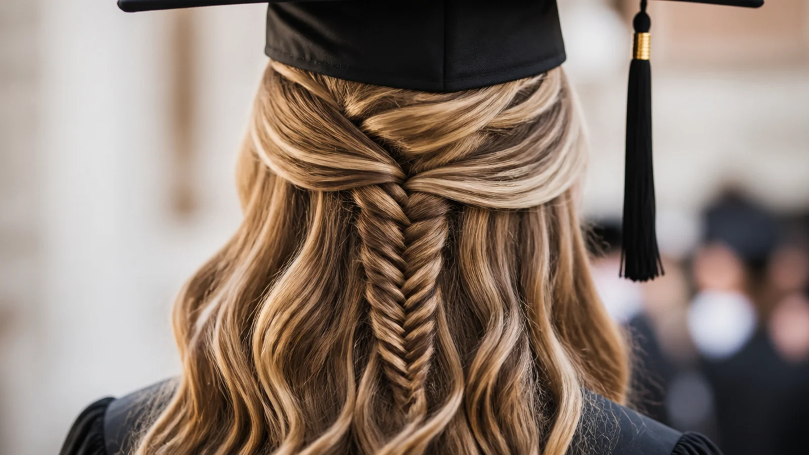 A fishtail braid hanging from a half up gather