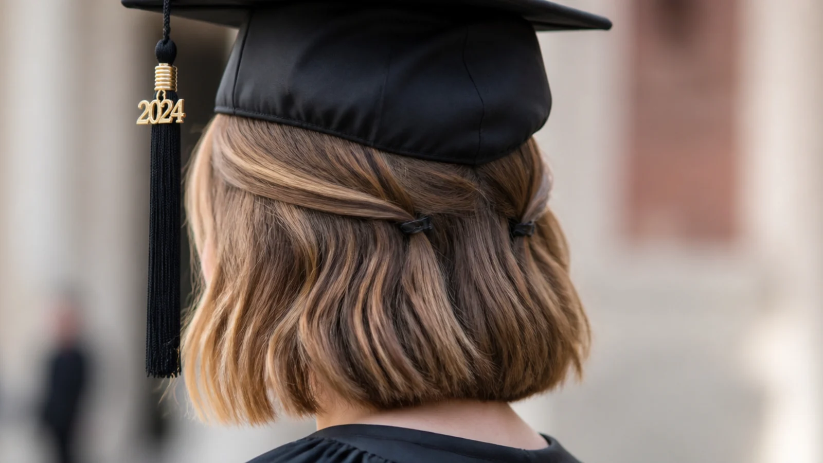 A chin length bob with a narrow top section pinned back
