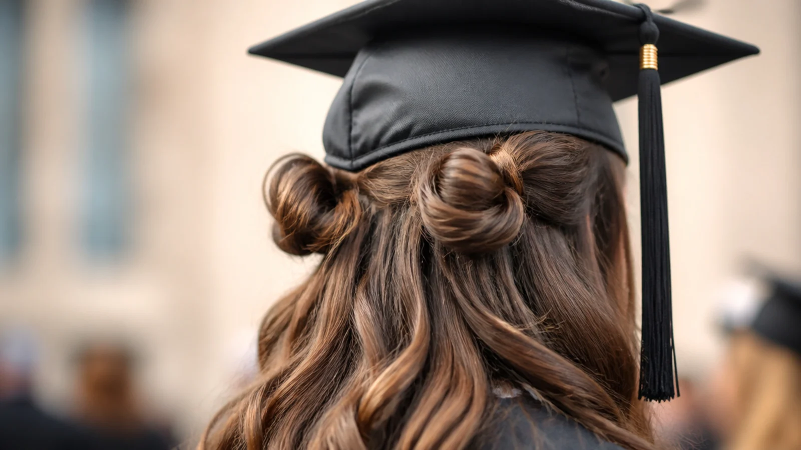 Two small buns set low behind the ears with length left down