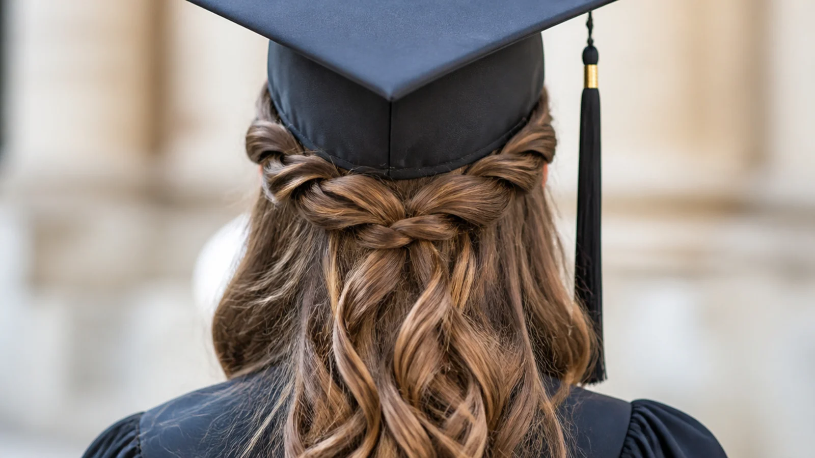 A rope twist gathered at the back of fine light coloured hair