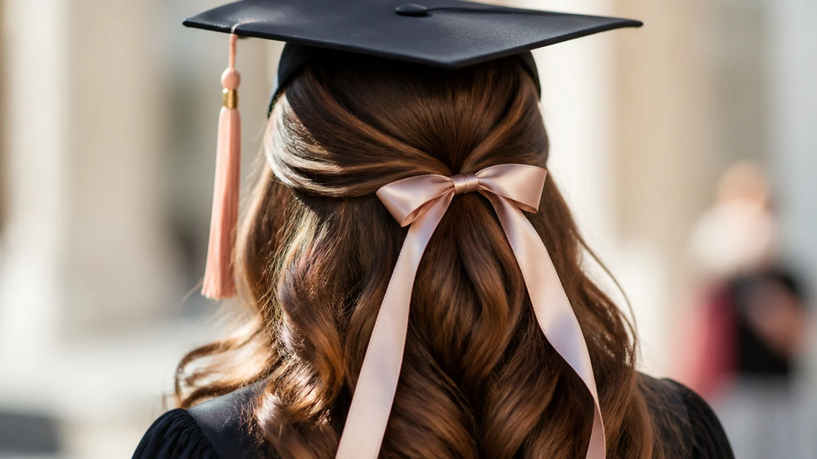 A ribbon bow tied over a half up gather
