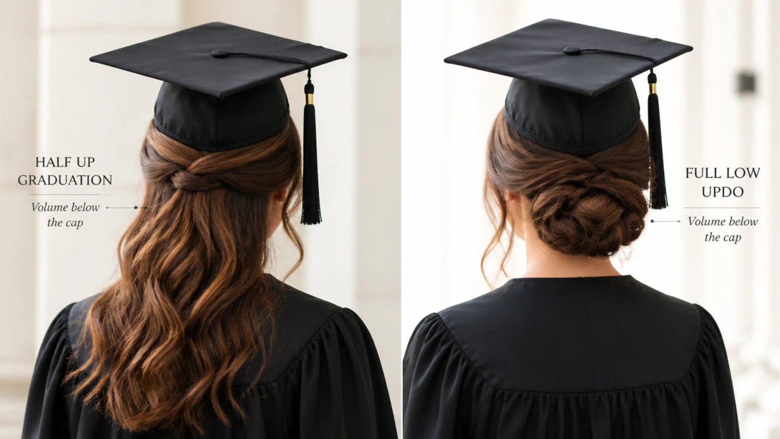Two graduates photographed together, one with a half up style and one with a full updo