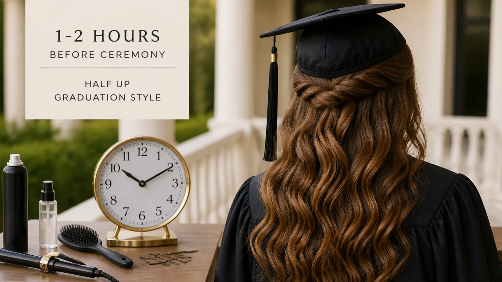 A half up being finished in front of a mirror with a cap and gown ready