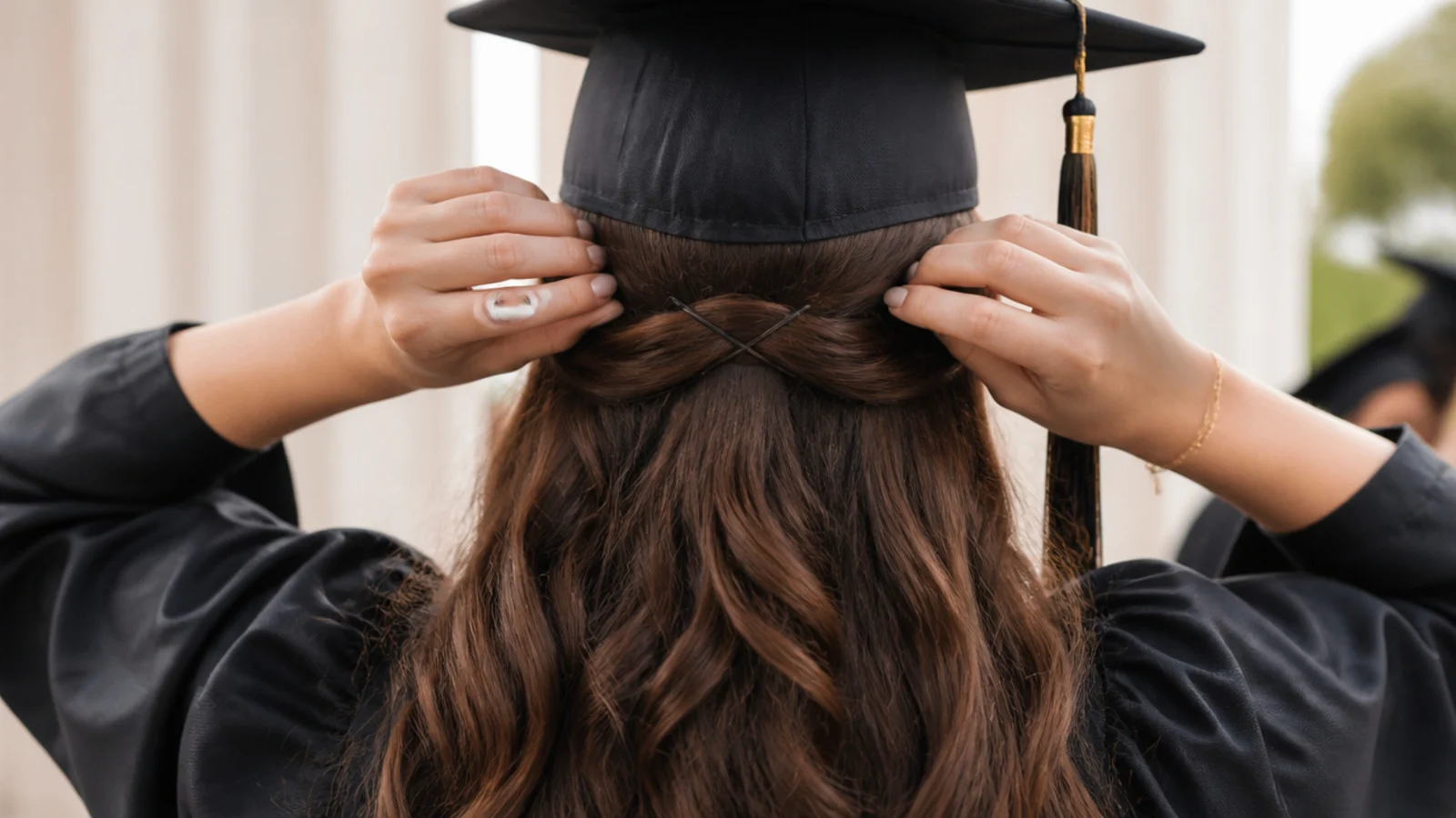 Hands lowering a mortarboard straight down onto a half up style