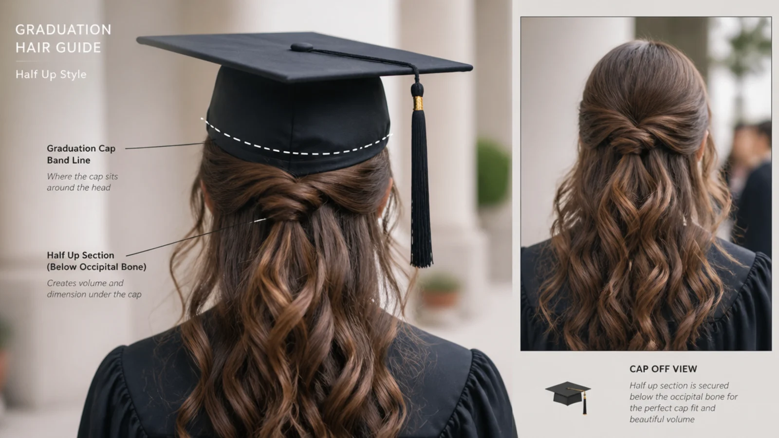 Side view showing a half up gather sitting below the back edge of a mortarboard